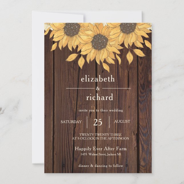 Invitation Tournesol Rustique Mariage de style de ferme en bo (Devant)