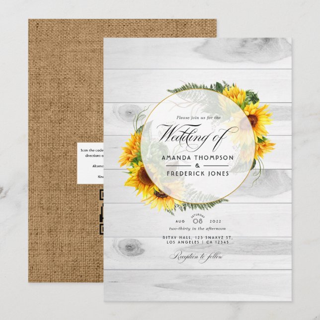 Invitation Tournesol rustique Pays Barne QR Code RSVP Mariage (Devant / Derrière)