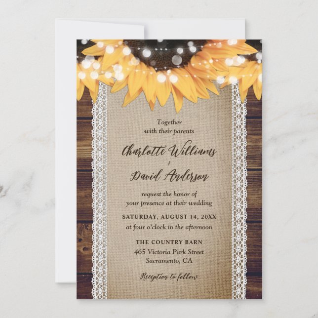 Invitation Tournesol Rustique Pays Bois Burlap Mariage dentel (Devant)