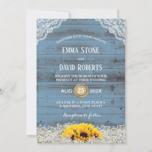 Invitation Tournesol rustique Pays Floral Blue Barn Mariage