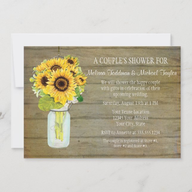 Invitation Tournesol Rustique Pays Mason Fleurs Jar Mariée (Devant)