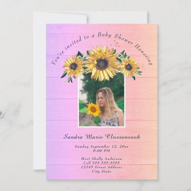 Invitation Tournesol Rustique rose Baby shower fille en bois  (Devant)