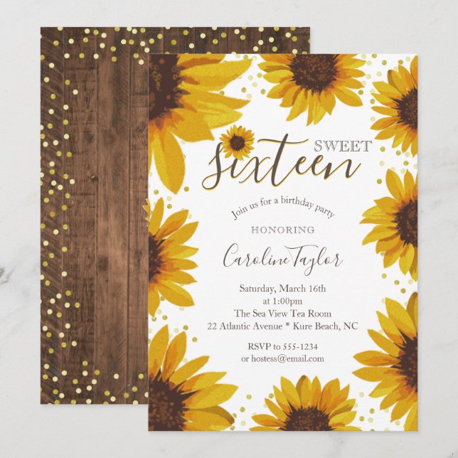 Invitation Tournesol rustique Sweet 16 Anniversaire (Devant / Derrière)