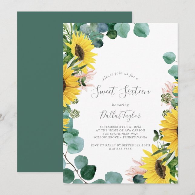 Invitation Tournesol rustique Sweet sixteen Eucalyptus Annive (Devant / Derrière)