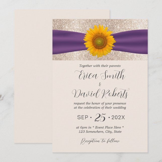 Invitation Tournesol Rustique violet ruban Élégant mariage (Devant / Derrière)