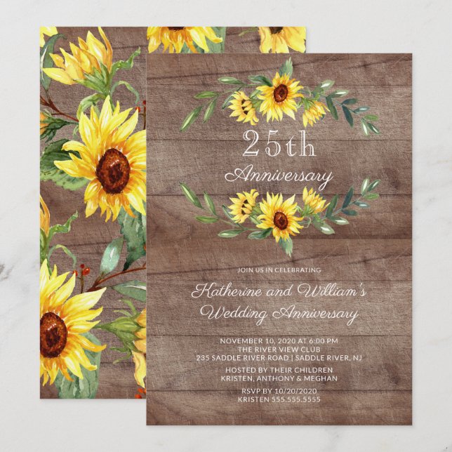 Invitation Tournesol rustique Wreath 25ème anniversaire Parti (Devant / Derrière)