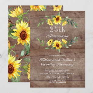 Invitation Tournesol rustique Wreath 25ème anniversaire Parti