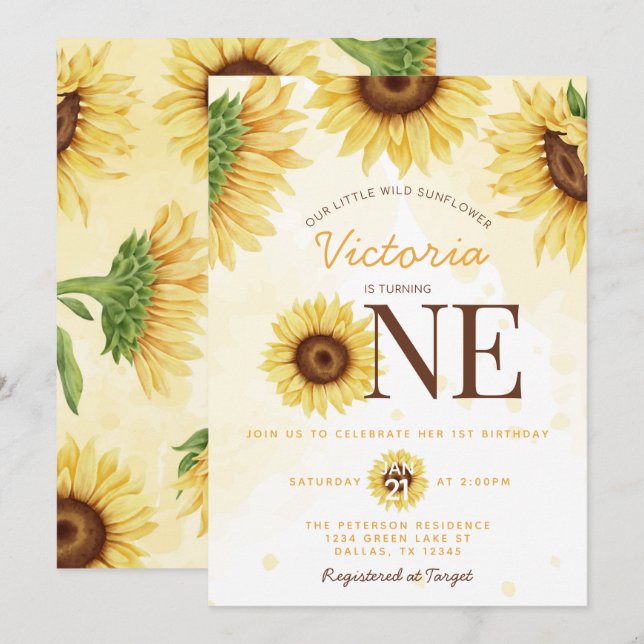 Invitation Tournesol sauvage mignonne tournant UNE 1ère fête  (Devant / Derrière)