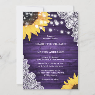Invitation Tournesol Soleil Pourpre Bois Floral Mariage Dente
