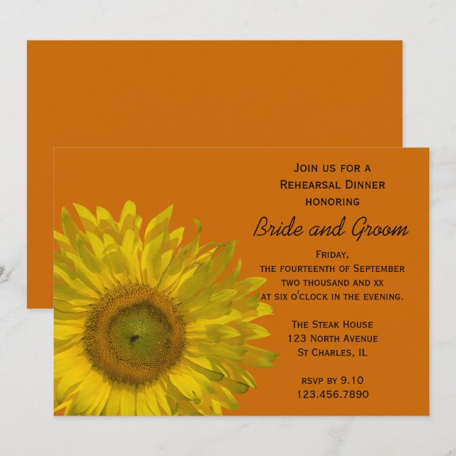 Invitation Tournesol sur Orange Dîner de répétition Mariage (Devant / Derrière)
