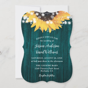 Invitation Tournesol turquoise Rustique Mariage en bois de gr
