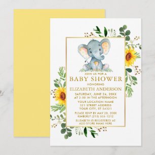 Invitation Tournesol Vert Eléphant Baby shower Or
