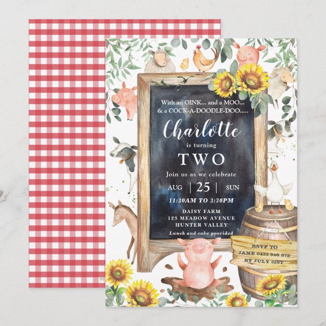Invitation Tournesol Vert ferme Animaux de ferme Barnyard Ann (Devant / Derrière)