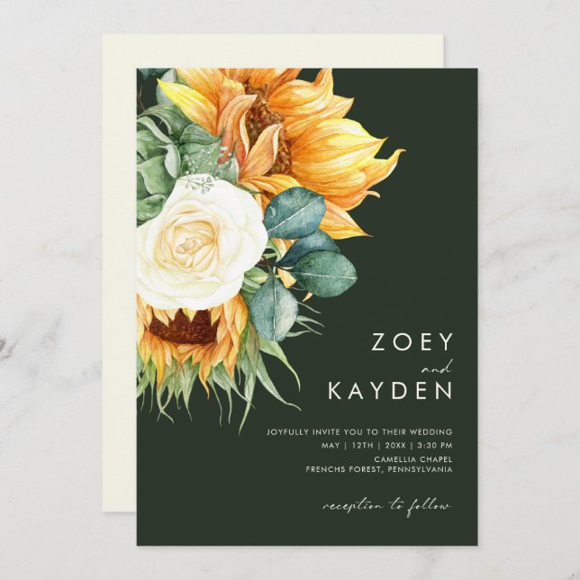 Invitation Tournesol | Vert foncé Tout en un Mariage (Devant / Derrière)