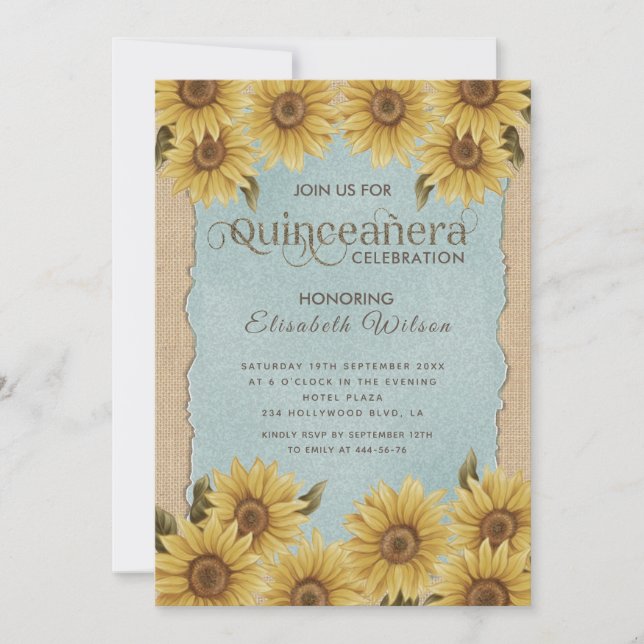 Invitation Tournesol vintage lin bleu Quinceañera (Devant)