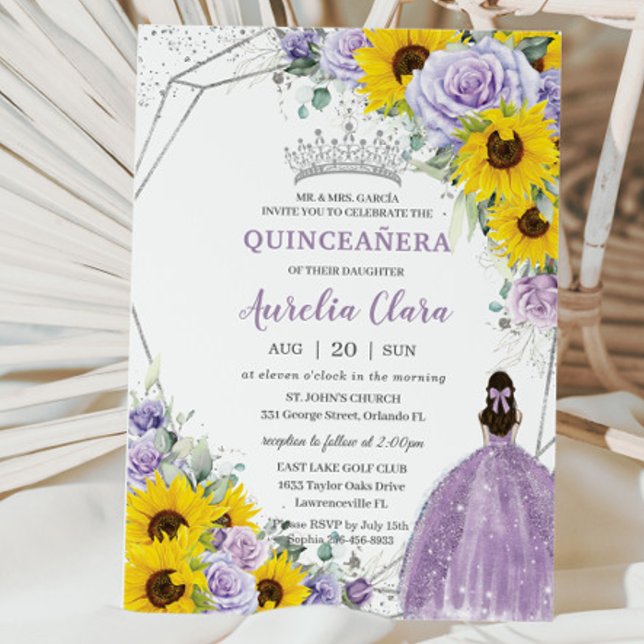 Invitation Tournesol violet Floral Princesse Gown Quinceañera (Créateur téléchargé)