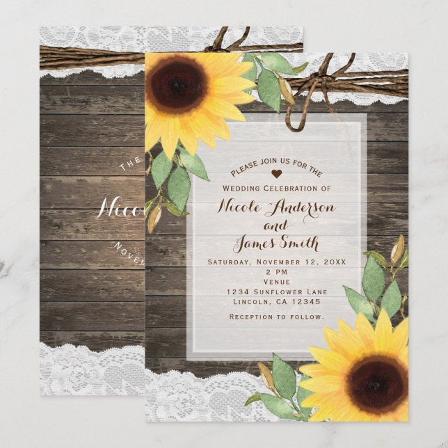 Invitation Tournesols Bois Rustique  & Dentelle Mariage Champ (Devant / Derrière)