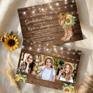 Invitation Tournesols Bottes de fille 3 Photos Graduation Par