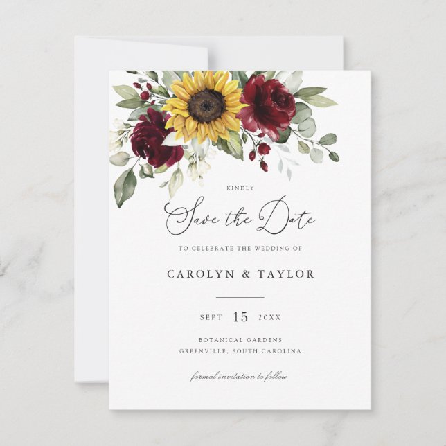 Invitation Tournesols Bourgogne Flore Vert Mariage rustique (Devant)
