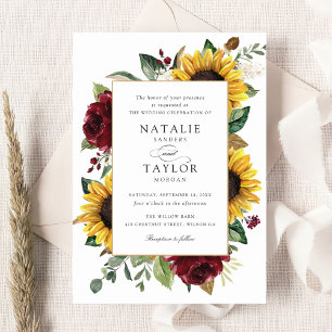Invitation Tournesols Bourgogne Vert Floral Rustique Mariage