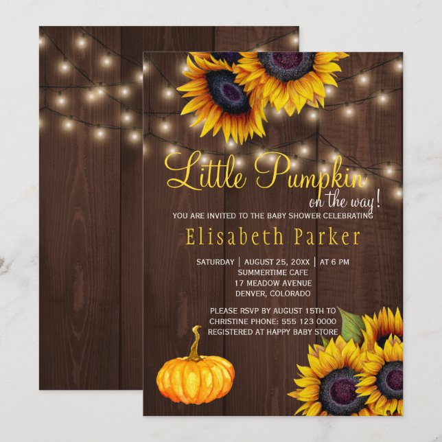 Invitation Tournesols citrouille Fête bébé Bois grange rustiq (Devant / Derrière)