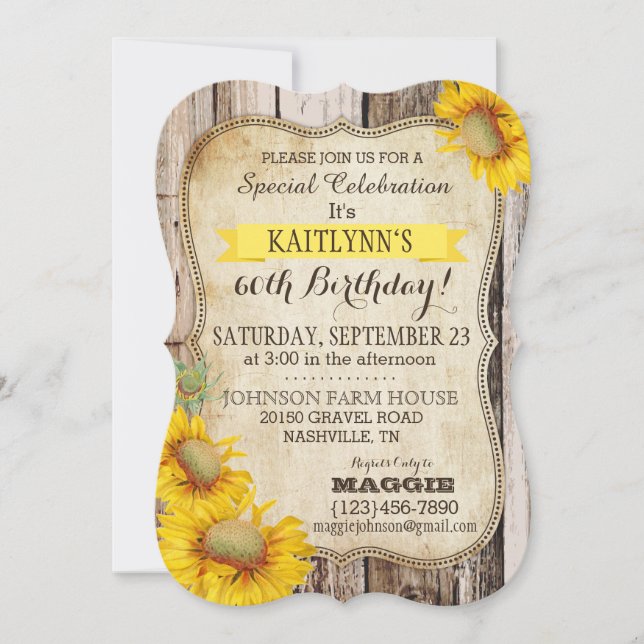 Invitation Tournesols de pays et anniversaire en bois (Devant)