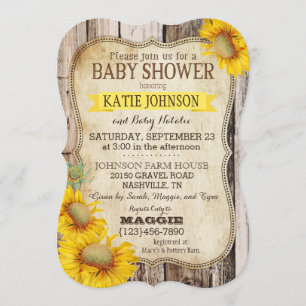 Invitation Tournesols de pays et baby shower en bois rustique