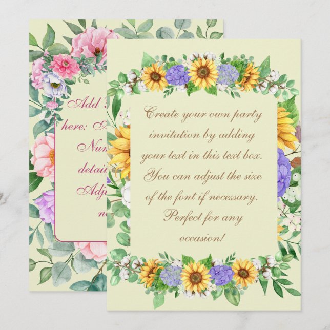 Invitation Tournesols Élégants & Hydrangeas Bleus (Devant / Derrière)