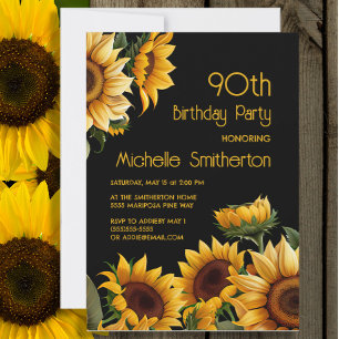Invitation Tournesols Élégants Rustiques Noir 90e Anniversair