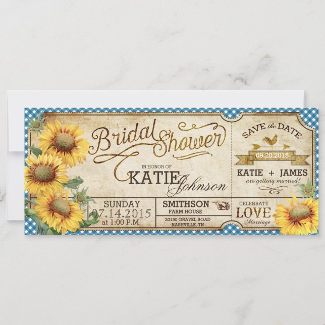 Invitation Tournesols En vichy Fête des mariées de pique-niqu (Devant)