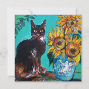 Invitation TOURNESOLS ET CHAT NOIR EN BLEU SARCELLE Fête d'ét