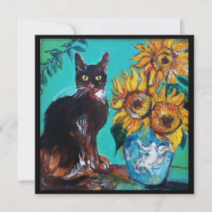 Invitation TOURNESOLS ET CHAT NOIR EN BLEU SARCELLE Fête d'ét