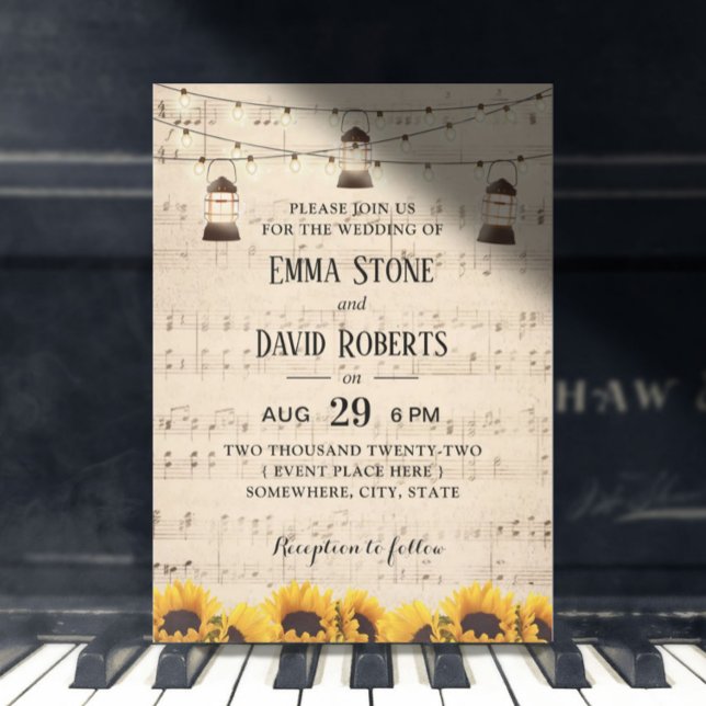 Invitation Tournesols et lanternes rustiques Mariage musical (Créateur téléchargé)