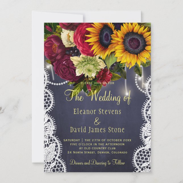 Invitation Tournesols et rose hiver rustique mariage de la ma (Devant)