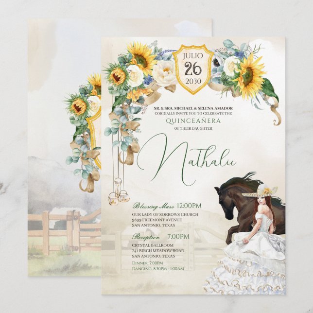 Invitation Tournesols et roses blanches Russe Charro Quincean (Devant / Derrière)