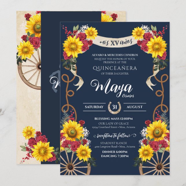 Invitation Tournesols et roses rouges Charra Quinceanera rust (Devant / Derrière)