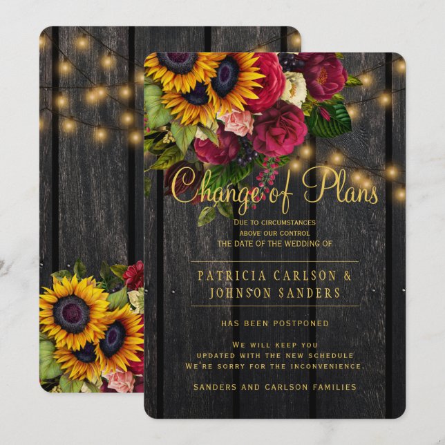 Invitation Tournesols et roses tombent changement de plans po (Devant / Derrière)