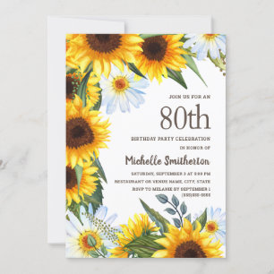 Invitation Tournesols jaunes Marguerites blanches 80e Anniver