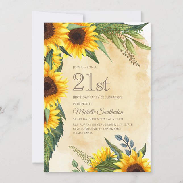 Invitation Tournesols jaunes rustiques 21e anniversaire (Devant)