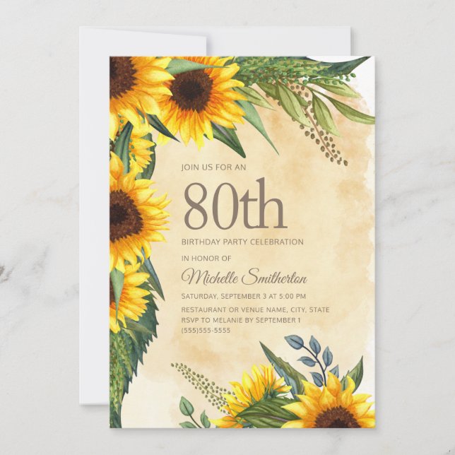 Invitation Tournesols jaunes rustiques 80e anniversaire (Devant)