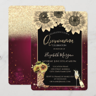 Invitation Tournesols Pailletés Or, Quinceanera Bordeaux 