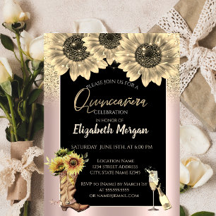 Invitation Tournesols Pailletés Or, Quinceanera Or Rose