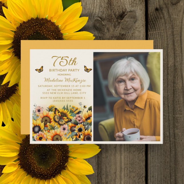 Invitation Tournesols papillons 75e anniversaire de la fête P (Sunflowers and butterflies 75th birthday party photo invitation)