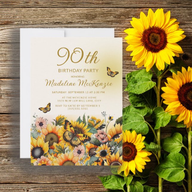 Invitation Tournesols papillons 90e fête d'anniversaire (Créateur téléchargé)