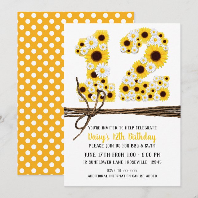 Invitation Tournesols & Pâquerettes DOUZE 12 12ème Anniversai (Devant / Derrière)