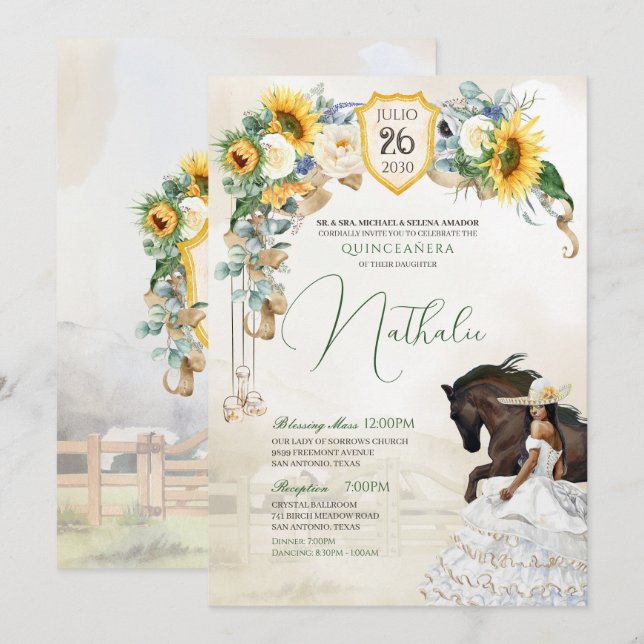 Invitation Tournesols Roses blanches Ouest Charro Quinceanera (Devant / Derrière)