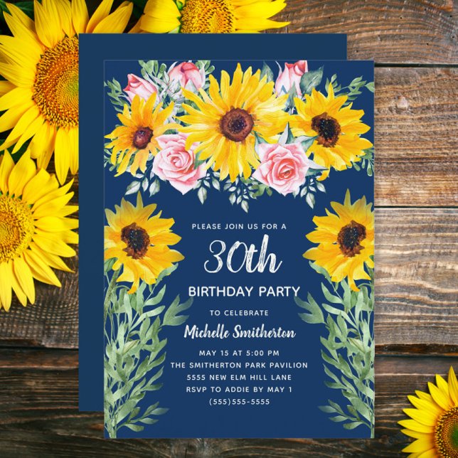 Invitation Tournesols Roses roses bleu marine 30e anniversair (Sunflowers and pink roses on navy blue 30th birthday invitation)