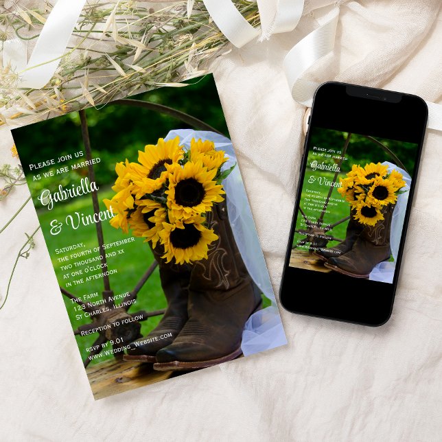 Invitation Tournesols Rustiques Bottes de Cowboy Mariage Occi (Créateur téléchargé)
