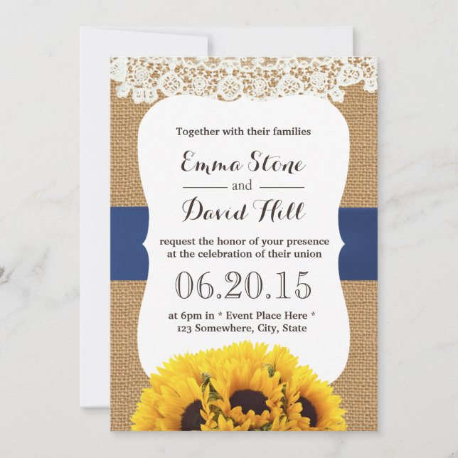 Invitation Tournesols Rustiques Burlap Mariage lacéré (Devant)