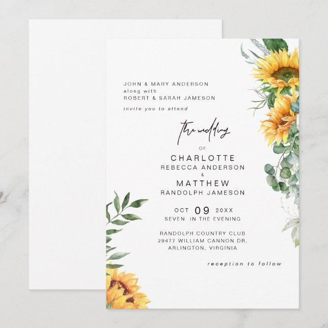 Invitation Tournesols rustiques d'élégance en Mariage de fleu (Devant / Derrière)